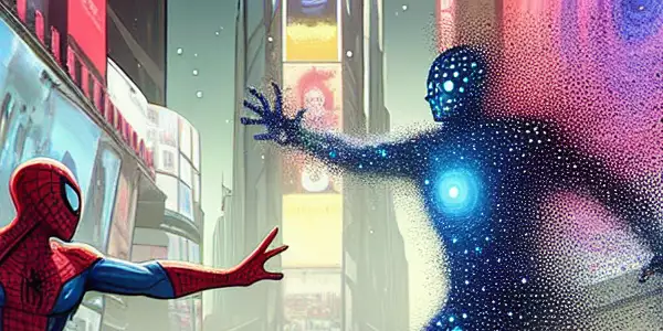 蜘蛛侠与黑洞神在纽约时代广场的战斗场景。